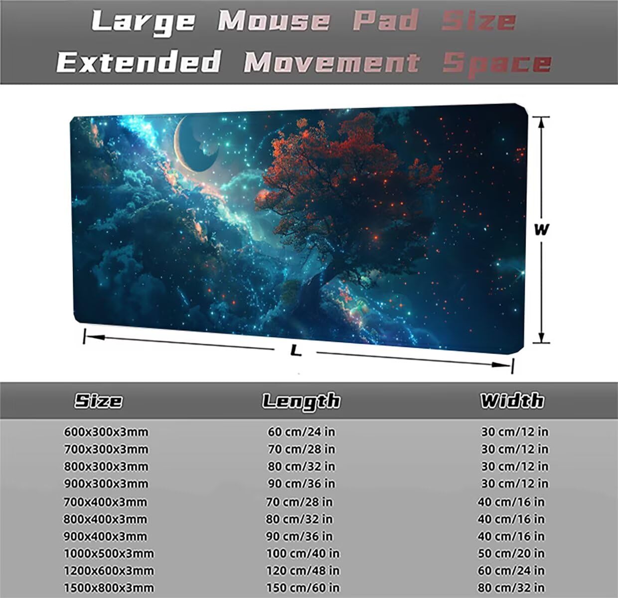 Podkładka pod mysz do gier XXL duża mysz 1500 x 800 x 3 mm, duża podkładka pod biurko z antypoślizgową gumową podstawą dla graczy PC, poprawia precyzję i szybkość drzew PjY17261 N-U