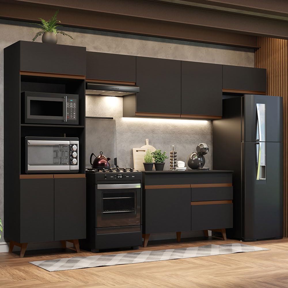 Madesa Engineered Wood Full Modular Kitchen Complete Set with Cabinets, Ample Storage 330 Cm Wide with 7 Cabinets, 1 Pull-Out Drawer, Wall Hang - Black