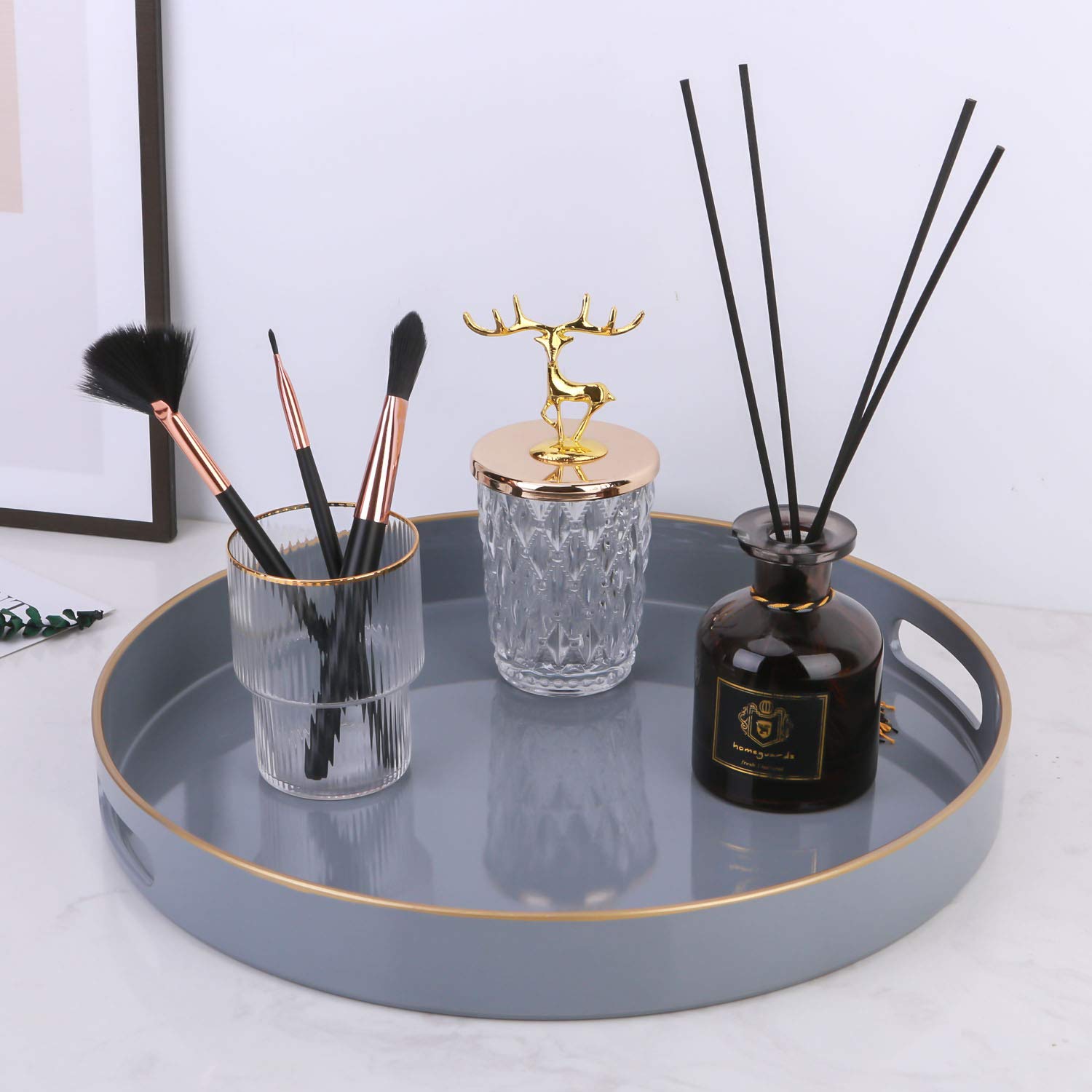 Simmer Stone Round Plastic Decorative Tray, Round Plastic with Handles, Modern Vanity and Serving for Ottoman Coffee Table - Image 4