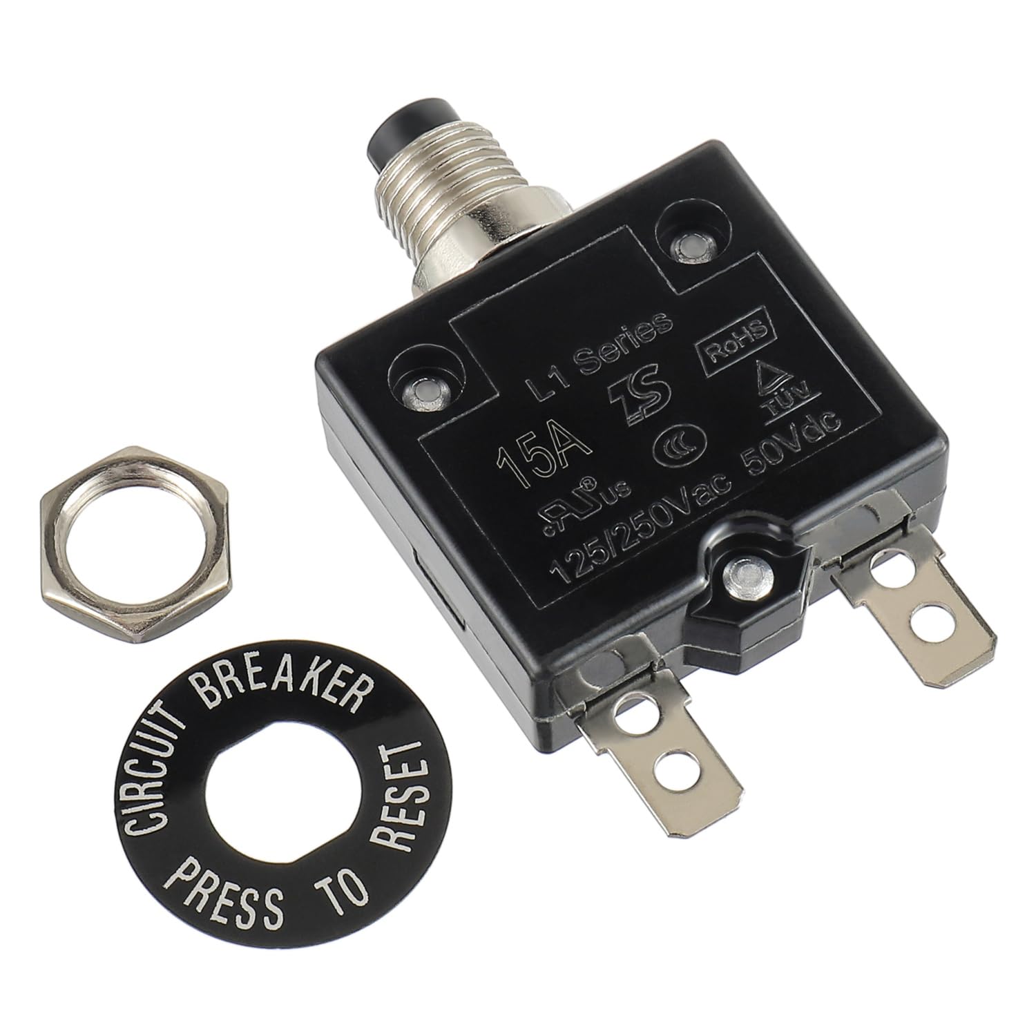 HUWREW 15 Amp Push Button Circuit Breaker 125-250V AC 50V DC L1 Series Manual Reset Thermal Circuit Breaker 15A Thermal Overload Protector