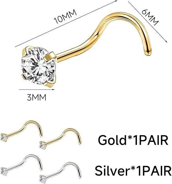 2 Paires De Clous De Nez Spirale Dorés, Clous De Perçage Du Nez En Zircon, Acier Inoxydable - 2