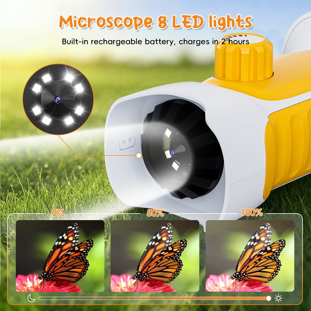 1000X Microscopio Bambini, Temodu Microscopio Digitale Bambini da 2.4‘’, con 8 luci LED Regolabili, può essere utilizzato come regalo di compleanno o di Natale 3 agli (White+Yellow)