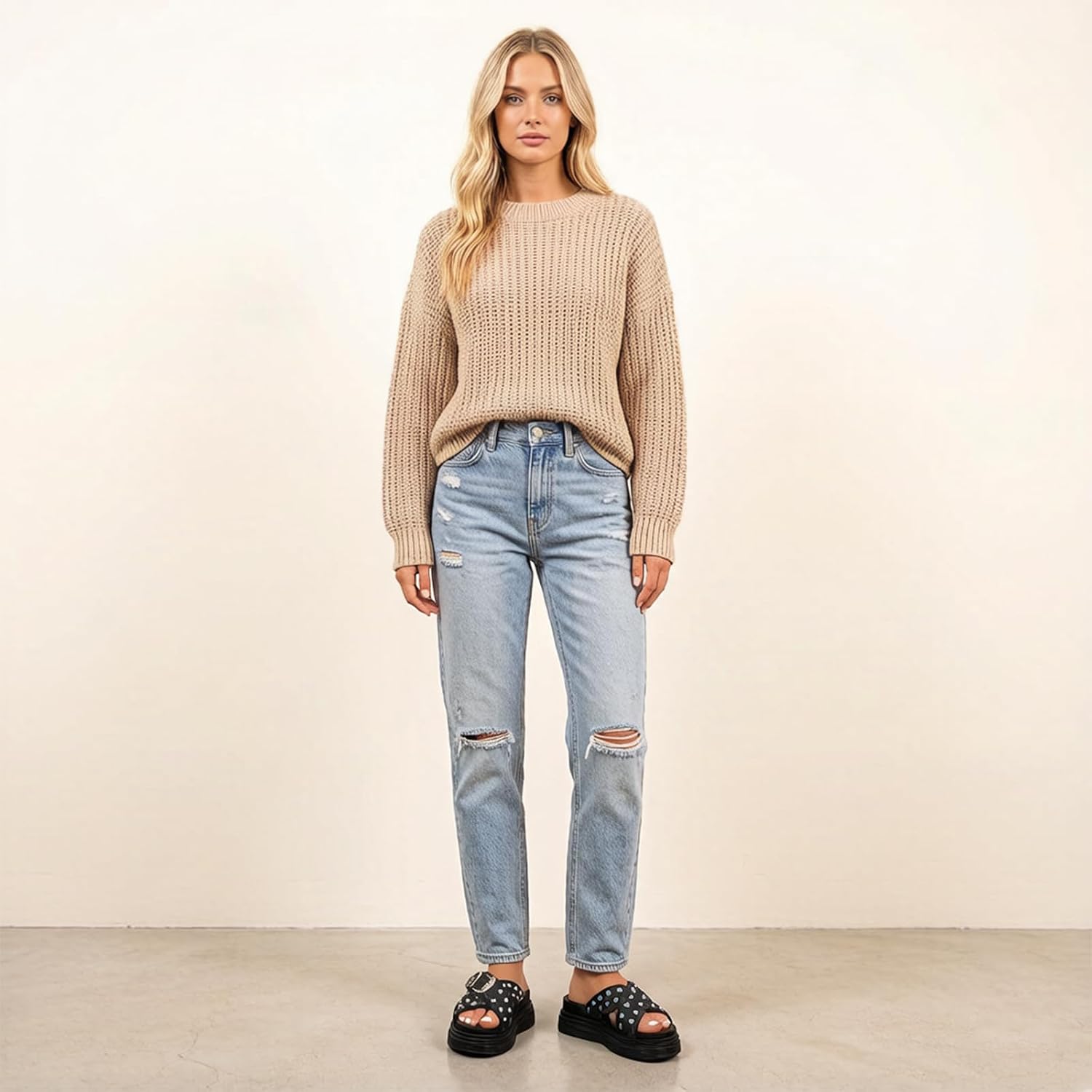 Women's Denim Cross Strap Platform Slides Sandals with Buckle Fashion Comfortable Studded Slip On Non-Slip Beach Mules For Casual Party Date Walking