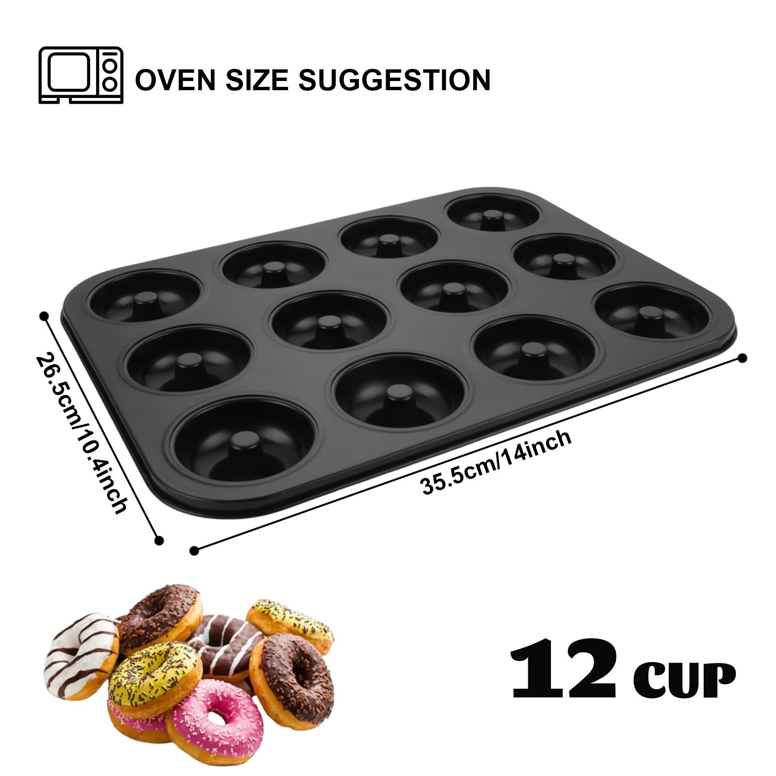 RHBLME Donut-Pfanne, 12 Mulden, Donut-Pfanne zum Backen, 35,6 x 26,4 cm, antihaftbeschichtete Donut-Pfanne, Karbonstahl, Donut-Tabletts zum Backen für Bagels und Kuchen-Donuts, ofenfest,