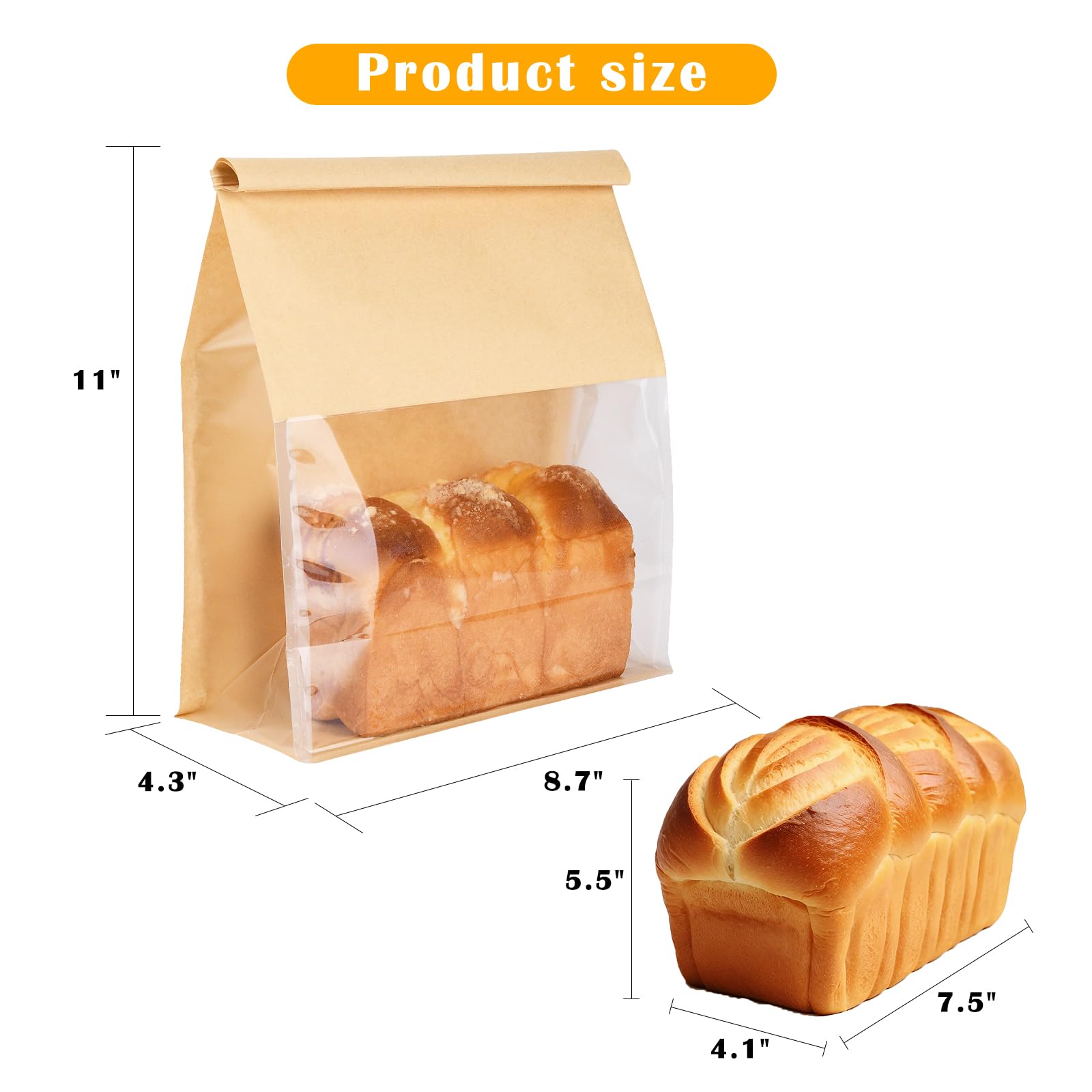 Paquete de 50 bolsas de pan grandes con cierre de pestaña de lata, bolsa de pan de 8.7 x 4.3 x 11 pulgadas con ventana frontal transparente, bolsa de golosinas para panadería, cafetería, pan casero