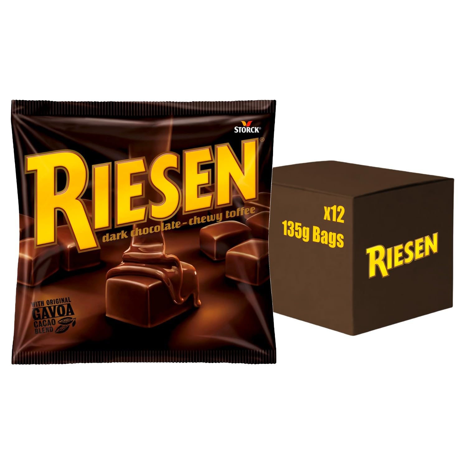 Riesen Dark Chocolate Covered Chewy Toffees, Rich & Indulgent Chewy Caramel in Dark Chocolate, 135 g (Pack of 12)