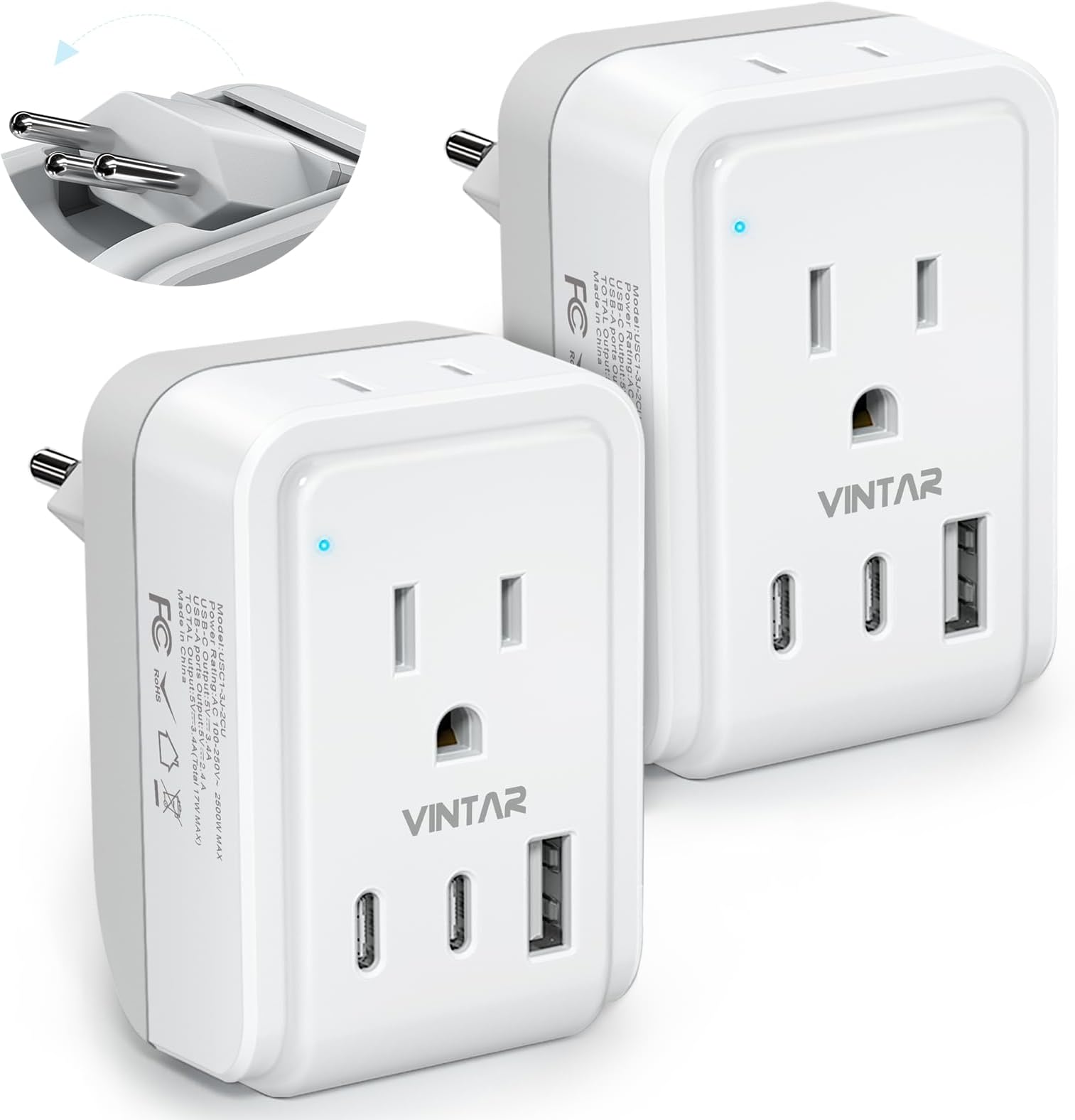 [2Pack] Switzerland Power Adapter, VINTAR Foldable Type J