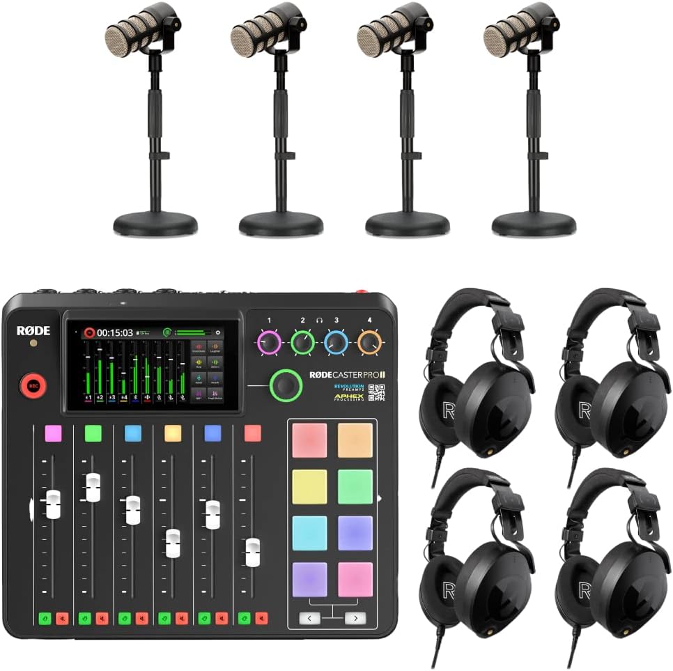Rode RODECaster Pro II Integrated Audio Production Console with 4x Rode PodMic Dynamic Microphone, 4x Rode NTH-100 Studio Headphones and 4x Rode DS1 Microphone Stands