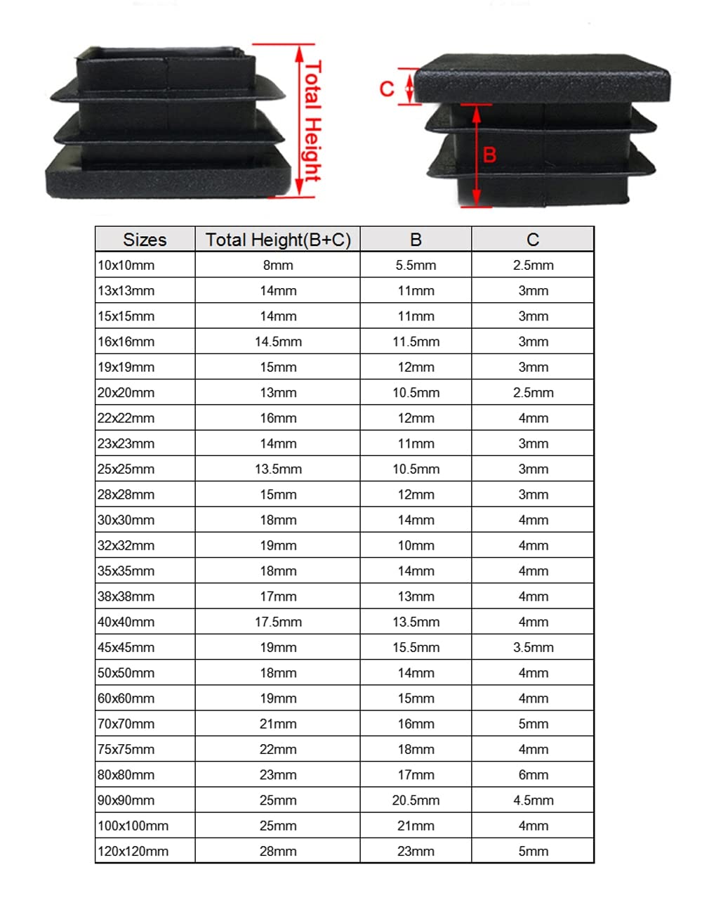Xuulan 2/4/10 Stück Quadratische Schwarze Endkappen aus Kunststoff, Rohr, Rohreinsatz, Stopfen (Color : 10PCS, Size : 100x100mm)