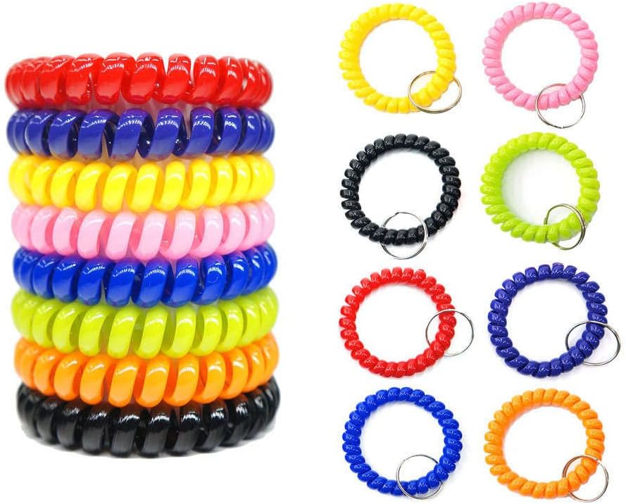 LuckyStar365 16PCS Colorful Spiral Coil Wristband Keychain, Elastic & Stretchable Wrist Band Key Ring Chain for Gym, Pool, ID Badge