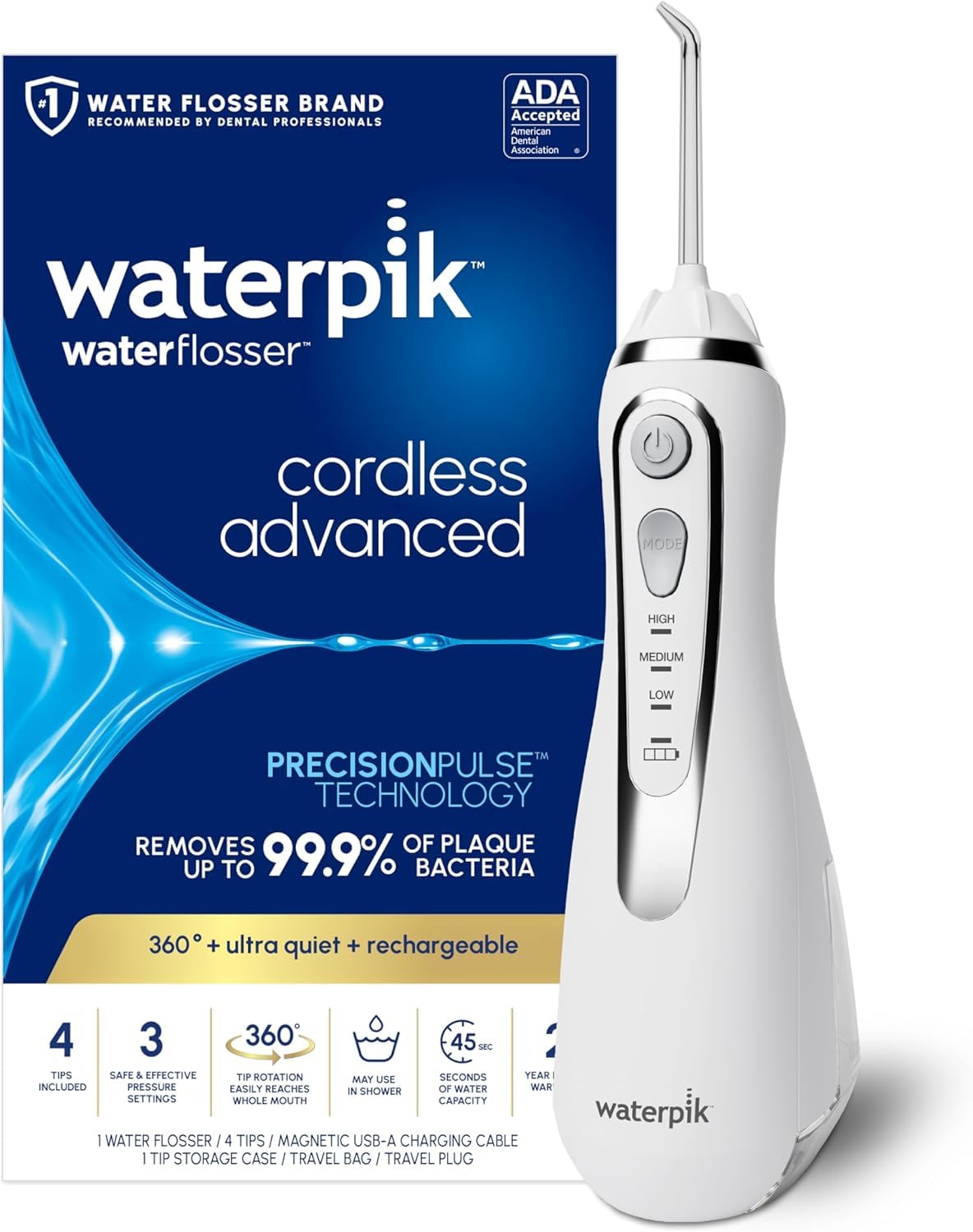 Waterpik Electric Dental Irrigator with 3 Pressure Water Control Positions with USB Charger, Optimal Dental Plaque Removal for Travel and Small Bathrooms, White (WP-580EU)