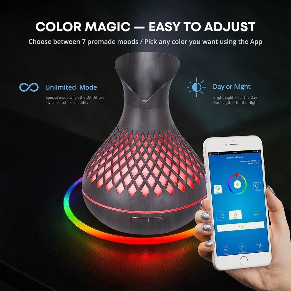 Smart WIFI Essential Oil Diffuser, 500ml Aromatherapy Diffuser Humidifier for Large Room, Works with Phone App & Alexa Google Home Voice Control, 7 LED, Create Schedules and 4 Timer, Auto Shut-Off,Dar