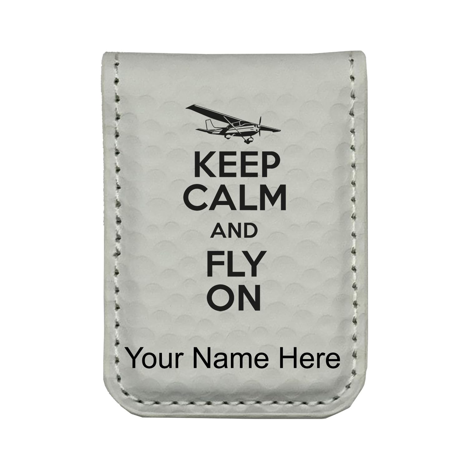 LaserGram Slim Magnetic Money Clip, Keep Calm and Fly On, Personalized Engraving Included (Golf White)