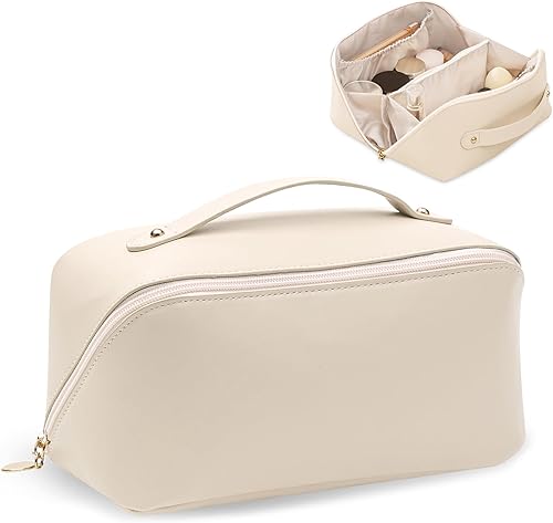 Miniatura 8 de HBselect Bolsa de maquillaje, bolsa de aseo de viaje de gran capacidad para mujer, bolsa de maquillaje impermeable de piel sintética, bolsa de