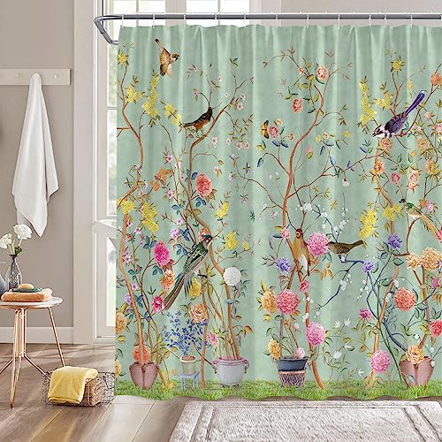 DSMEUE Cortina de chuveiro flor flor asiática planta botânica natureza oriental tradicional japonesa