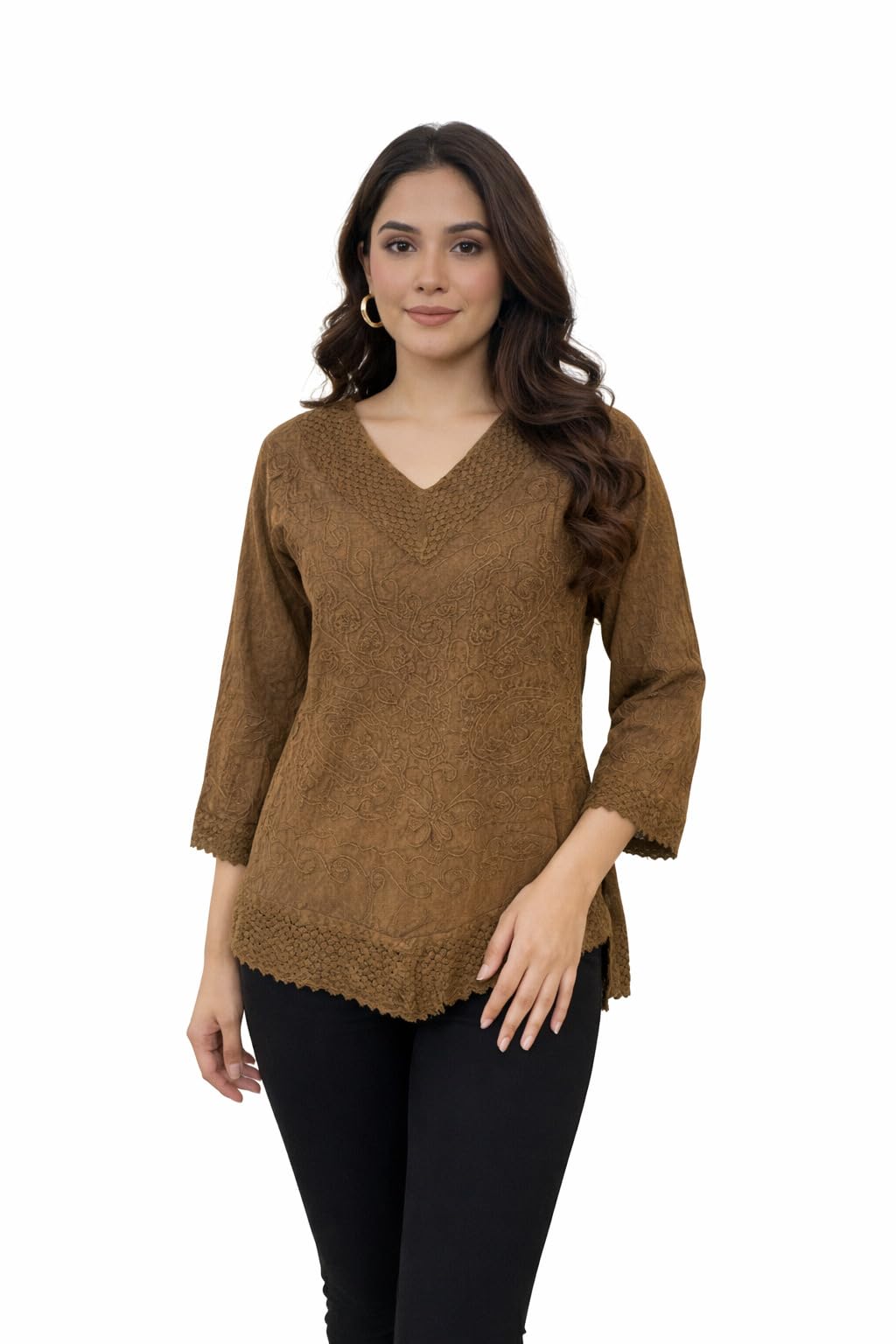 Stylish Brown Women Top with Embroidered V Neck Three Quarter Sleeves Comfortable Casual Wear-picture-27