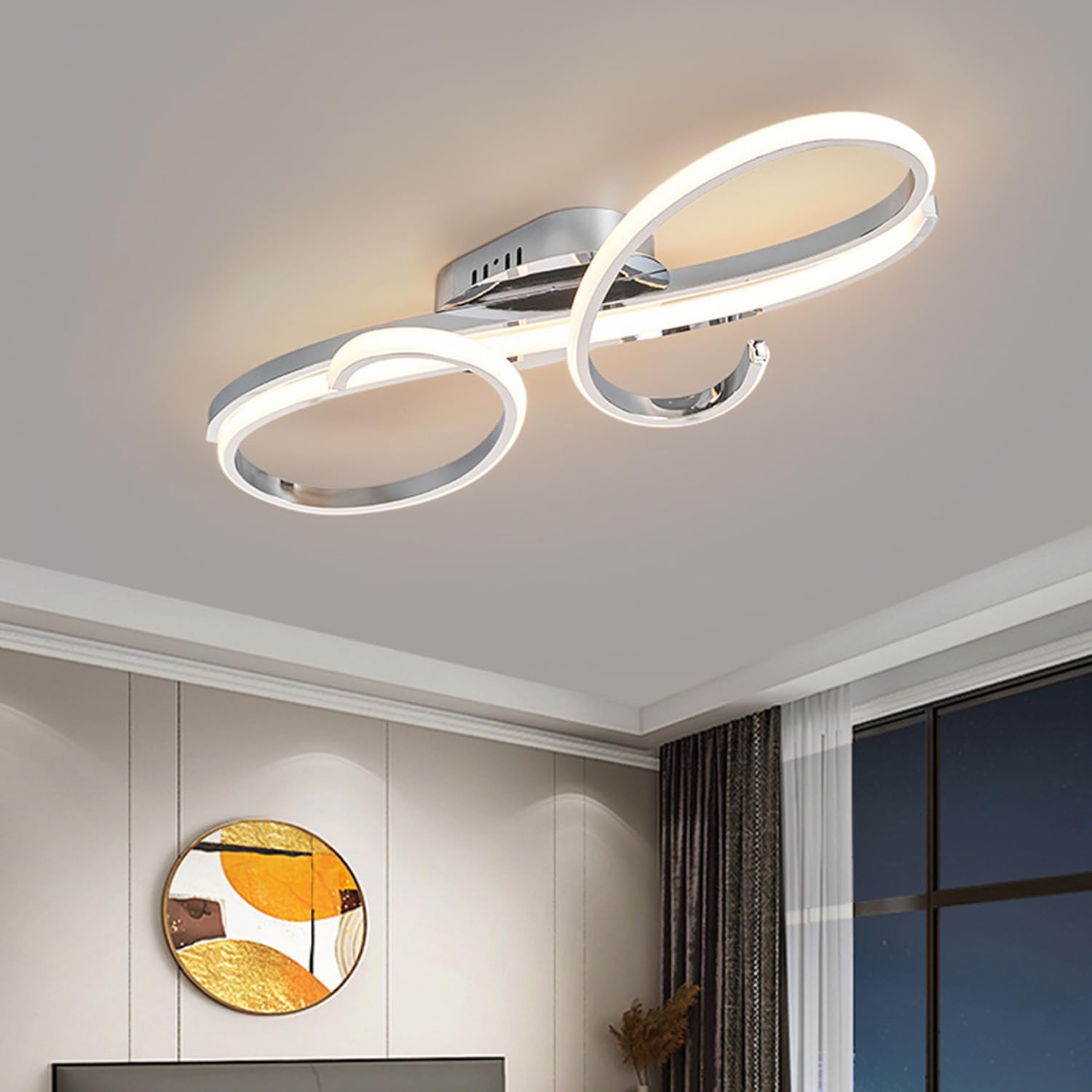 Aleaty LED Ceiling Light Dimmable Metal Chrome Ceiling Lamp Modern Living Room Pendant Lamp Bedroom with Remote Control Living Room Lamp Bedroom Dining Room Ceiling Lamp (Chrome, L60cm)