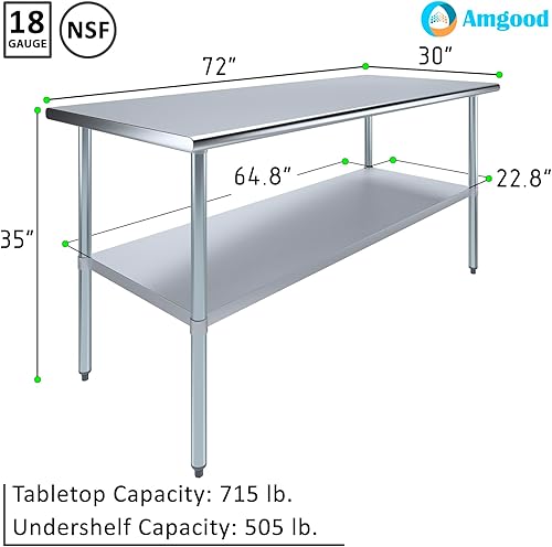 Vista 278 de AmGood Mesa de trabajo de acero inoxidable de 18 pulgadas x 36 pulgadas Mesa de preparación de alimentos de cocina de metal NSF