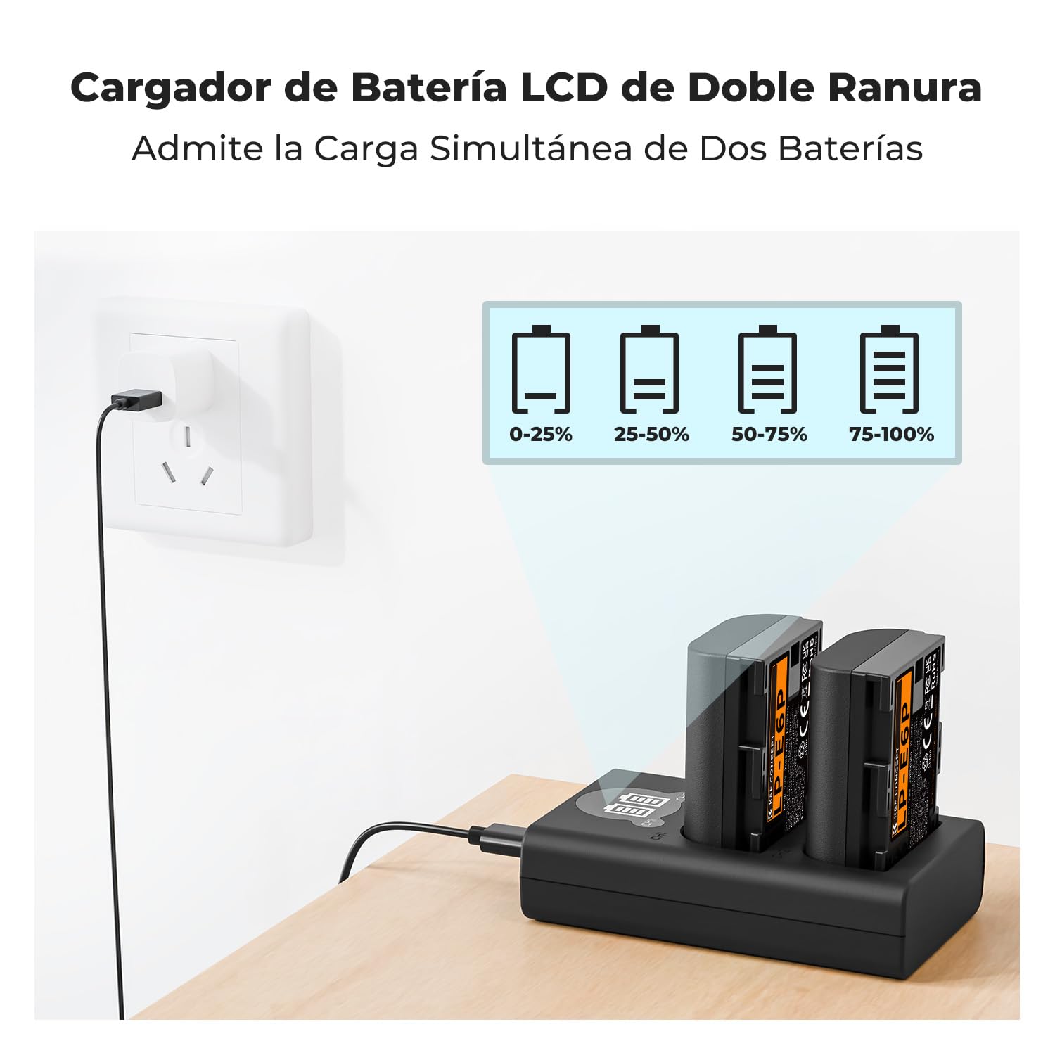 K&F CONCEPT LP-E6P Batería 2400mAh de Alta Capacidad 2 Ranuras Pantalla LCD Cargador Compatible con Canon EOS R5 Mark II, R5, R62, R6, R7 y Cámaras con Batería Serie LP-E6