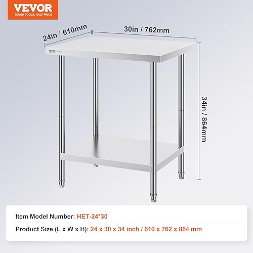 Miniatura 3 de VEVOR Mesa de preparación de acero inoxidable, 24 x 30 x 34 pulgadas, capacidad de carga de 700 libras, mesa de trabajo de metal resistente con 3
