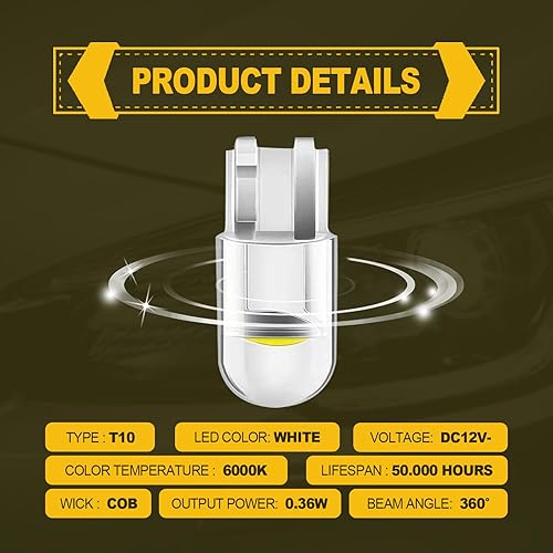 Miniatura 5 de 30 bombillas LED 194 para automóvil, 6000K 168 2825 W5W T10, cuña, COB, sin errores, para automóvil, cúpula, mapa, puerta, cortesía, luces de