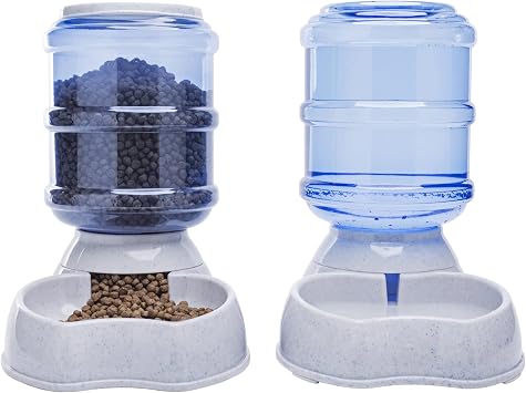 Pet Feeder and Water Food Dispenser Automatic Water Bowl for Dogs Cats, BPA-Free, Gravity Refill, Self Feeding for Small Medium Pets Puppy Kitten Rabbit - 1 Gallon 3.8L Waterer + Feeder