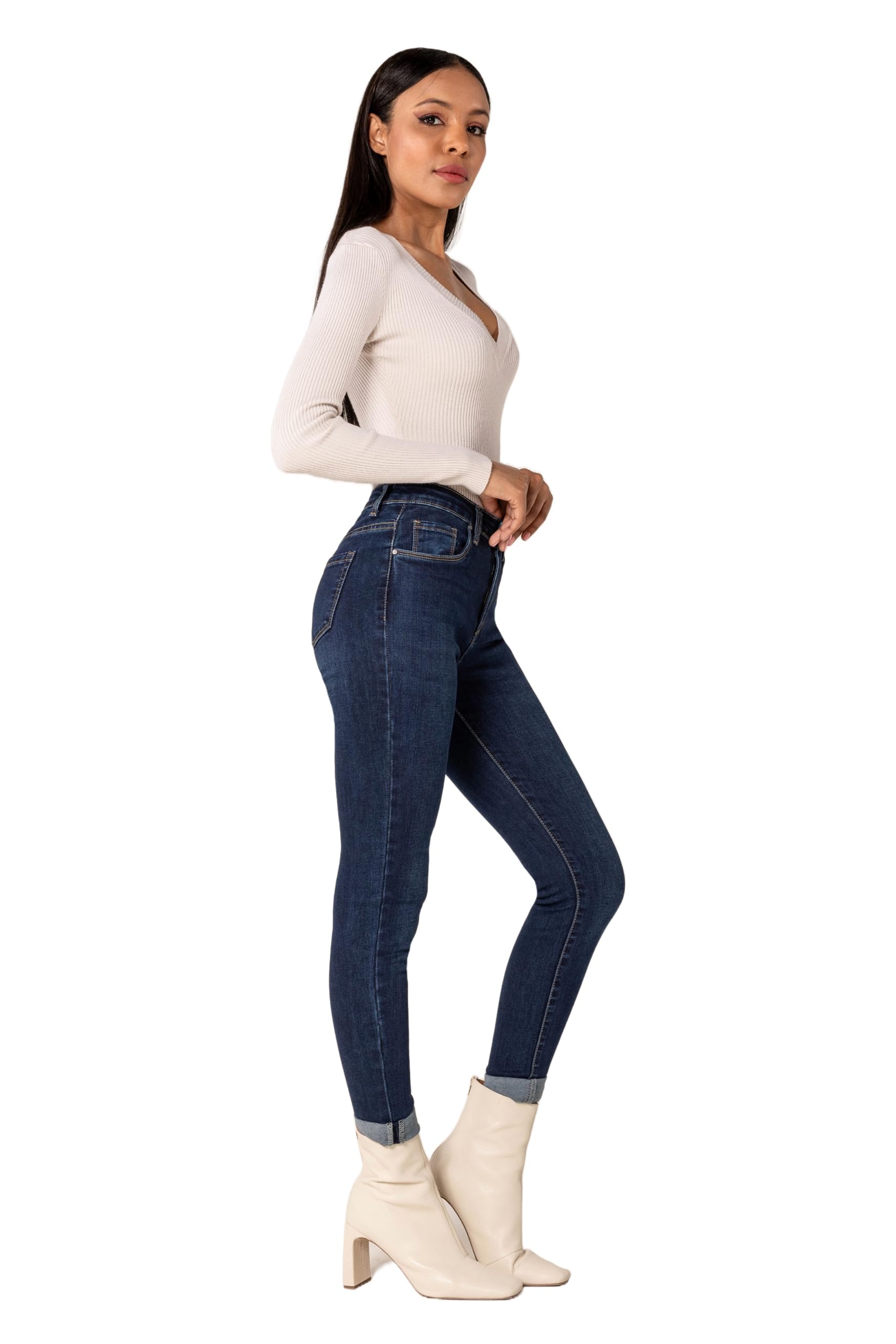Nina Carter Jean coupe skinny pour femme, taille haute, aspect usé