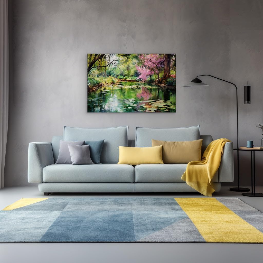 Canvas for Living room. Whispers of Serenity: An Impressionist Journey Along a Lily-Pad Laden Creek, 27 x 18 inch Canvas Wall Art - Contemporary Masterpieces - Modern Home Decor
