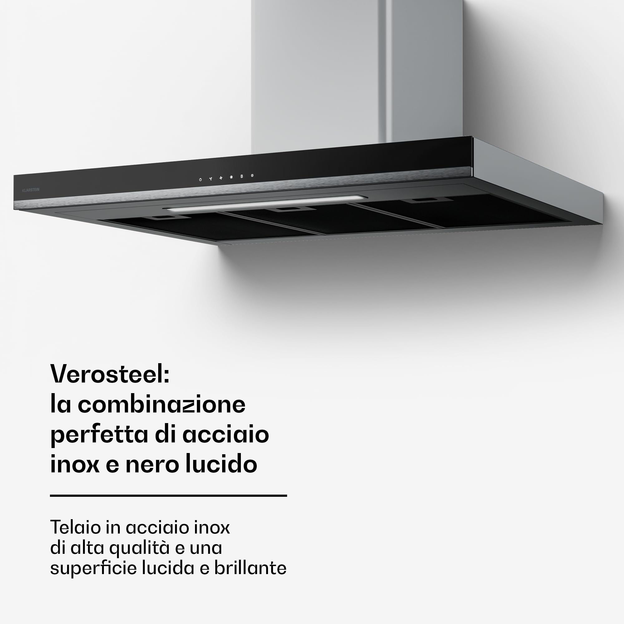 Klarstein Verosteel Cappa Aspirante 90 cm - Cappa a Parete, 881,6 m³/h, Touch, LED, Classe A++, Filtro Lavabile & Carbone, Acciaio Inox, Silenziosa, Design Minimalista
