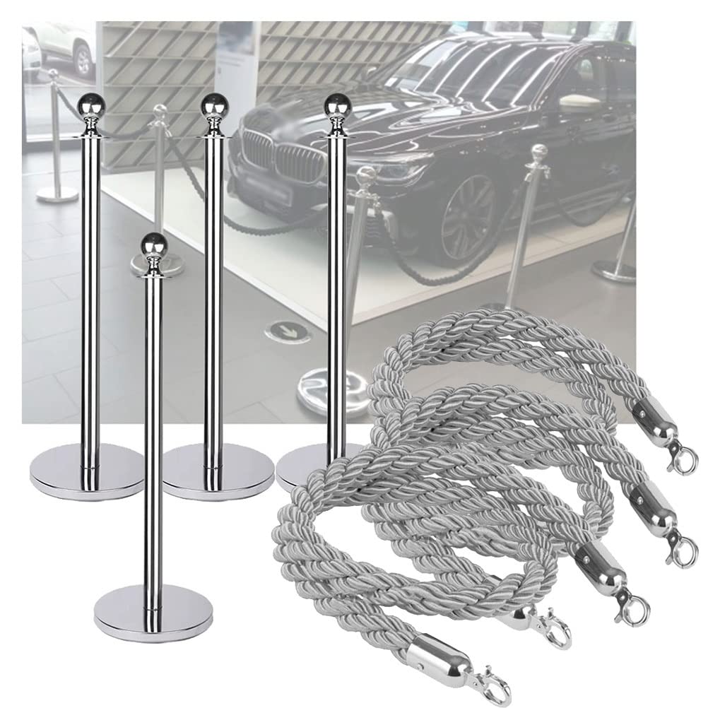 Paletti di Controllo della Folla in Acciaio Inox Argentato, Set di Paletti con Corda Intrecciata in Poliestere Colorato da 1,5 M, Pali per Il Controllo della Folla Grey-2-4 PCS Set w/3 Rope