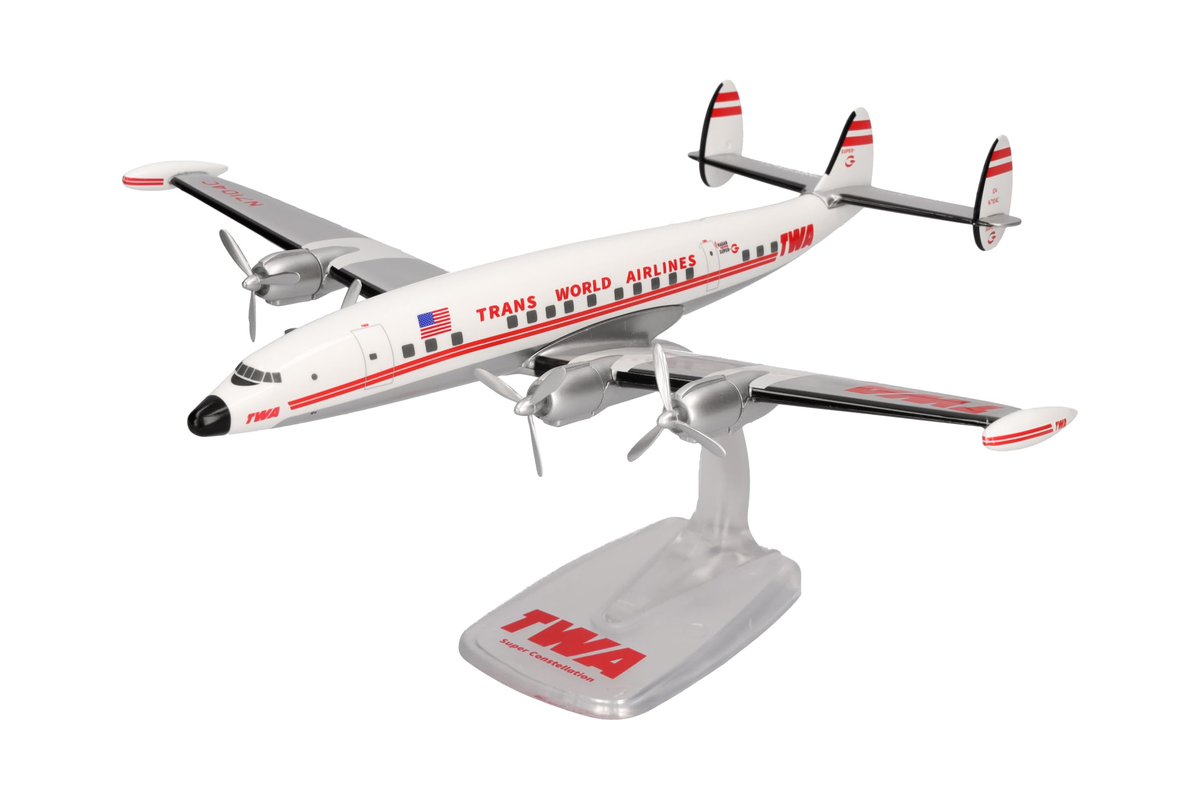 Herpa Snap-Fit airplane model TWA Trans World Airlines Lockheed L-1049G Super Constellation - N7104C on scale of 1:125, plastic miniature with pedastal, model building, collectors edition