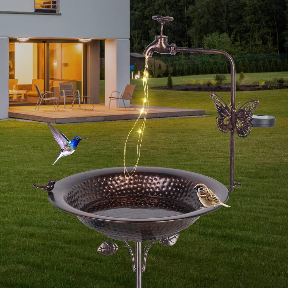DREAMSOUL 50" Solar Bird Bath with 5 Prongs Base Stake, Faucet Solar