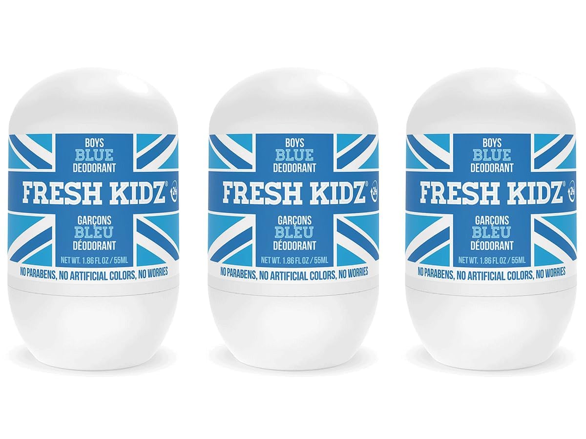 Fresh KidzRoll On Deodorant for Kids and Teens - Baking Soda and Aluminum-free 24 Hour Protection for Sensitive Skin - Boys "Blue" 1.86 fl.oz. (3 Pack)
