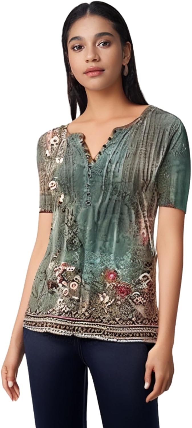 Womens Summer Tops Dressy Casual Short Sleeve Button V Neck T Shirts Trendy Boho Floral Tunic Blouses Cute Flowy Tees - Image 2