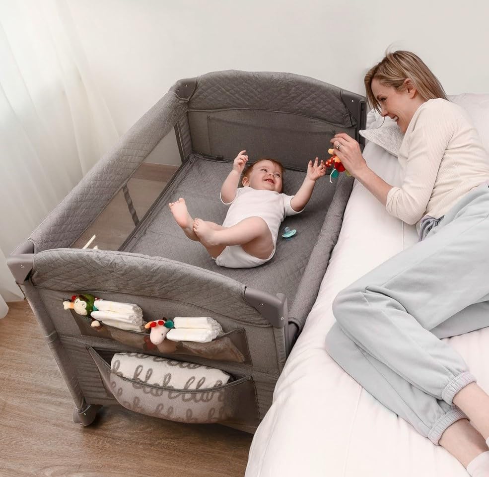 babywombworld Baby Bedside Sleeper Bassinet Bed: 3-in-1 Portable Crib for Newborns, Side Sleeper for Babies, Toddler Play Pen,Gray,37.7x30.3x25.98 Inch (Pack of 1)