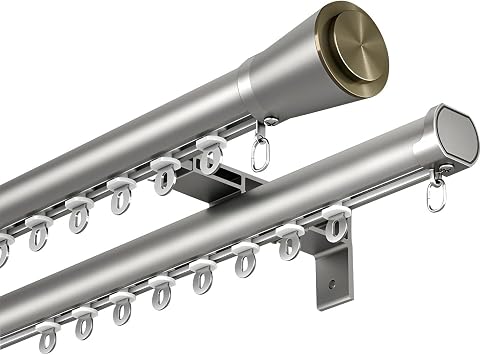 Aluminum Curtain Track, Slide-Down Roman Rod Curtain Rail, Wall Mounted Double Track with Silent Roller, for Living Room/Bedroom/Shower/RvGray,280cm-9.1ft2 * 140cm