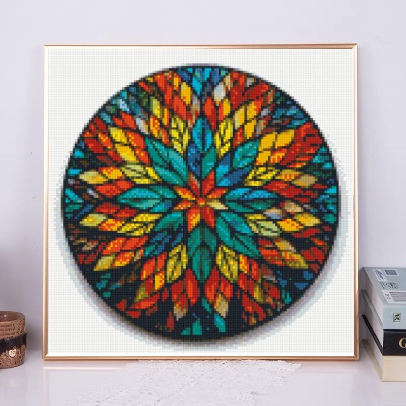 DIY Stamped Cross Stitch Kits Stained Glass Mandala Flower for Beginners Easy 11CT Needlepoint Embroidery Counted Cross Stitch Kits Art Craft Wall Decoration and Gift 35x35cm(2)
