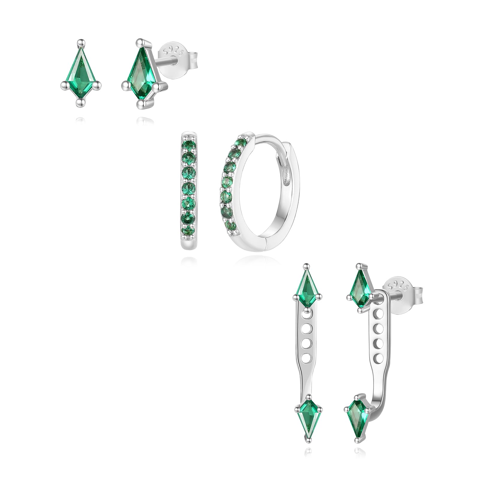 GEORGE · SMITH Stackable Kite Stud Earrings Set for Women, Gold & Silver Huggie Birthstone Jewelry with Emerald Green & Blue Sapphire, Trendy Earrings