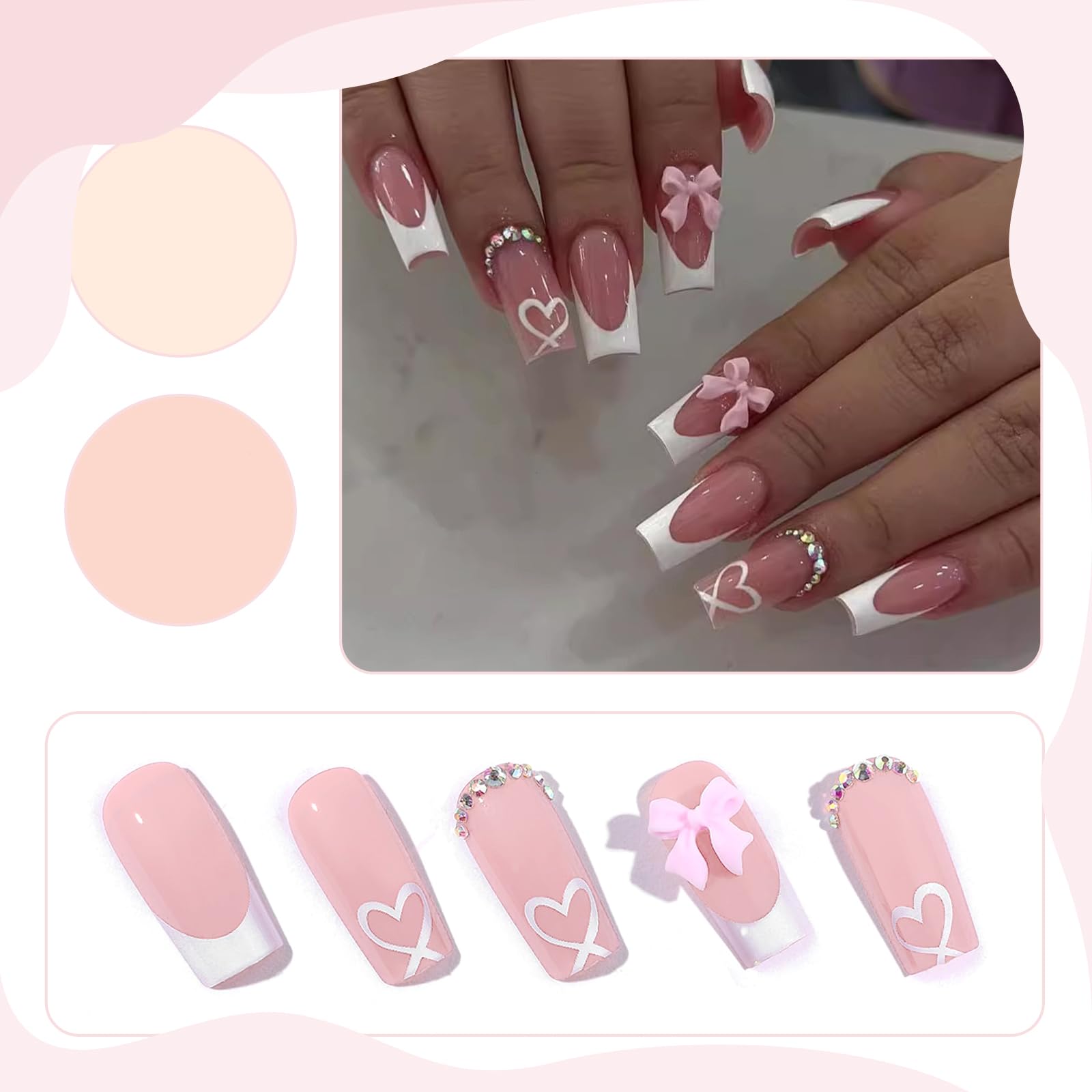Sztuczne paznokcie z francuskim manicure, wciskane, akrylowe, z kokardką, kryształkami, serduszkiem, kwadratowe