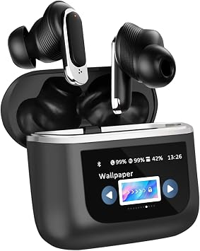 Wireless Earbuds with LCD Touch Screen, Bluetooth 5.3, Noise Cancelling, 1.47" Screen, 32H Playback, IP4 Waterproof, Lightweight, ANC & Transparency Mode, 450mAh Wireless Charging Case
