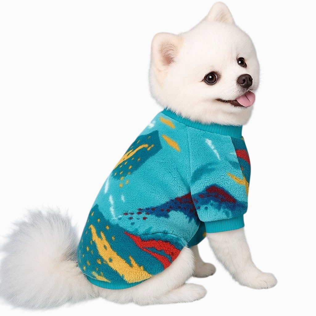KUTKUT Small Dog Cat Sweater, Nature Pattern Breathable Round Neck Flannel Fleece Sweater, Winter Shirt for Bichon, ShishTzu, Poodle Small Dogs and Cats (Size: L, Bust: 45 cm, Length: 35 cm)