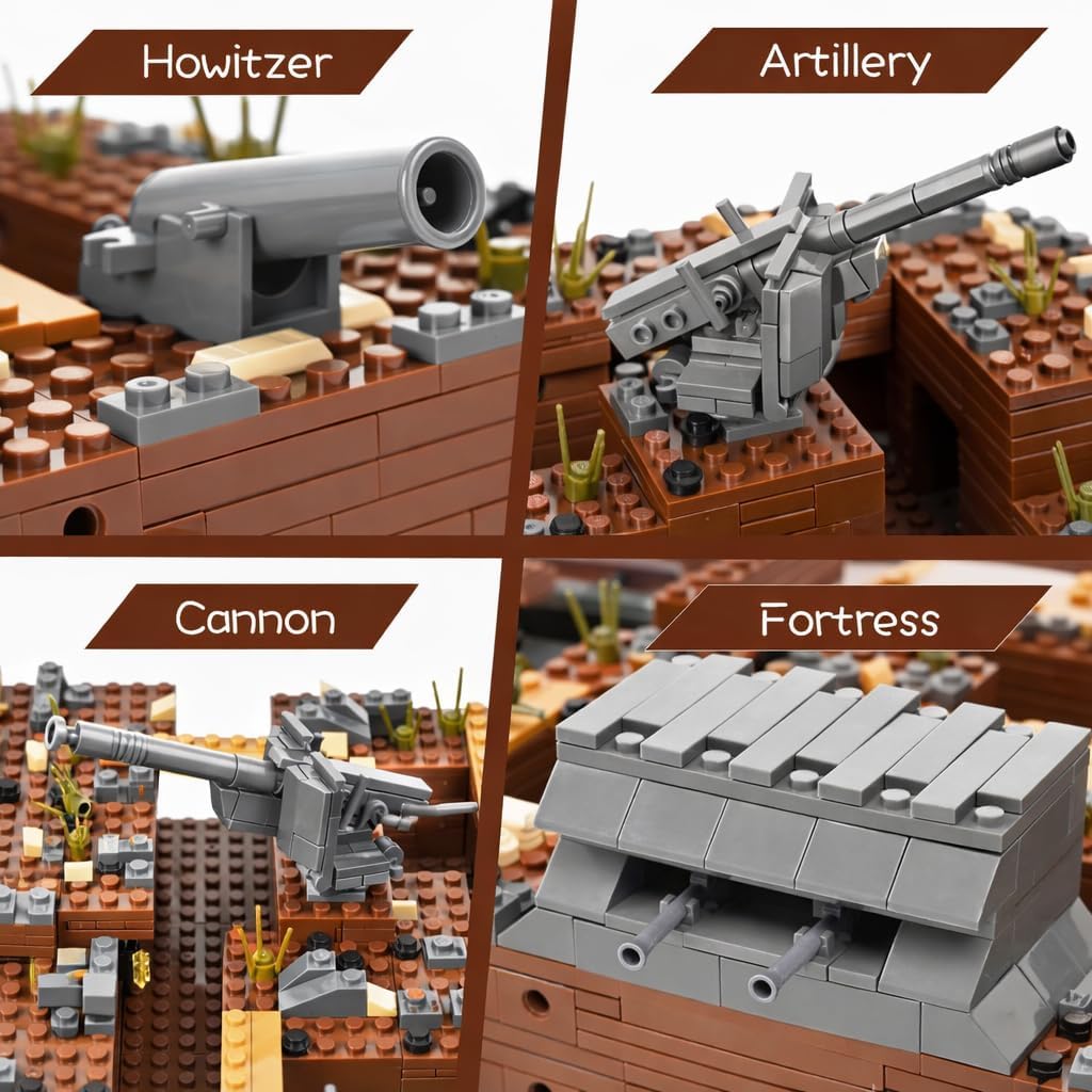 WW2 Military Trench Fortress Building Set（1350 pcs）Military Bunker Model Kit with Medical Room, Armory, Anti-Aircraft Gun&Ground Fortress for Adults&Kids, STEM Creative Play, Combat Display Collection