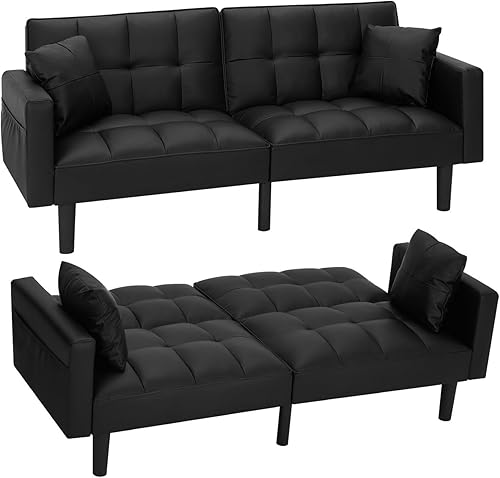 Miniatura 9 de AVAWING 74" Faux Leather Futon Sofa Bed with Adjustable Backrest 3 in 1 Convertible Futon Couch with 2 Square Pillows & Side Pockets Modern Loveseat