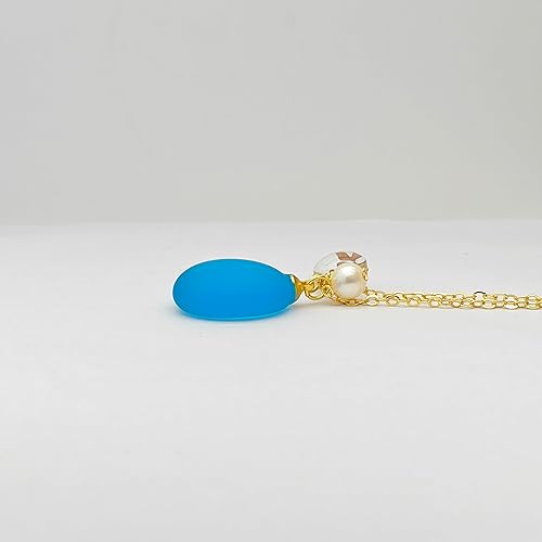 Miniatura 7 de Sea Glass Oval Pendant Necklace on 26 Inch 18K Gold Plated Chain (Blue)