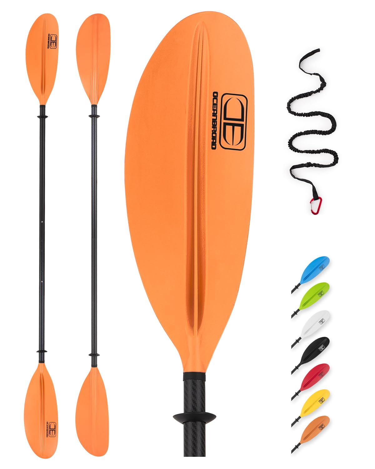 OCEANBROAD Adjustable Carbon Fiber Kayak Paddle 86in/220cm to 94in/240cm Kayaking Oar for Adults with Paddle Leash 1 Paddle