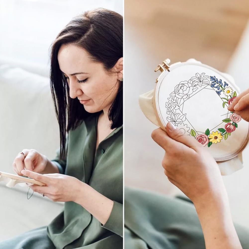 ORIGACH 4 Pack Floral Frame Embroidery Kits for Beginners DIY Starter Hand Embroidery Kit with Floral Wreath Patterns and Instructions for Adults Women Crafting