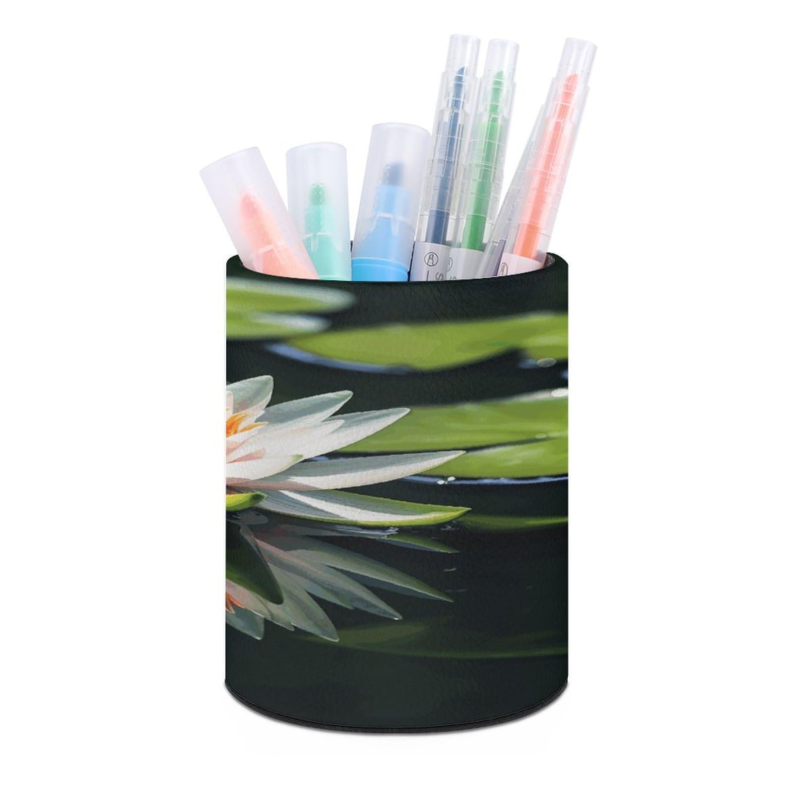 JTREHY Water Lily Pen Holder Round Pen Pencil Holder Makeup Brush Holders Cup PU Leather Pencil Cups Desktop Caddy Stationery Organizer Case Office Accessories Container Box
