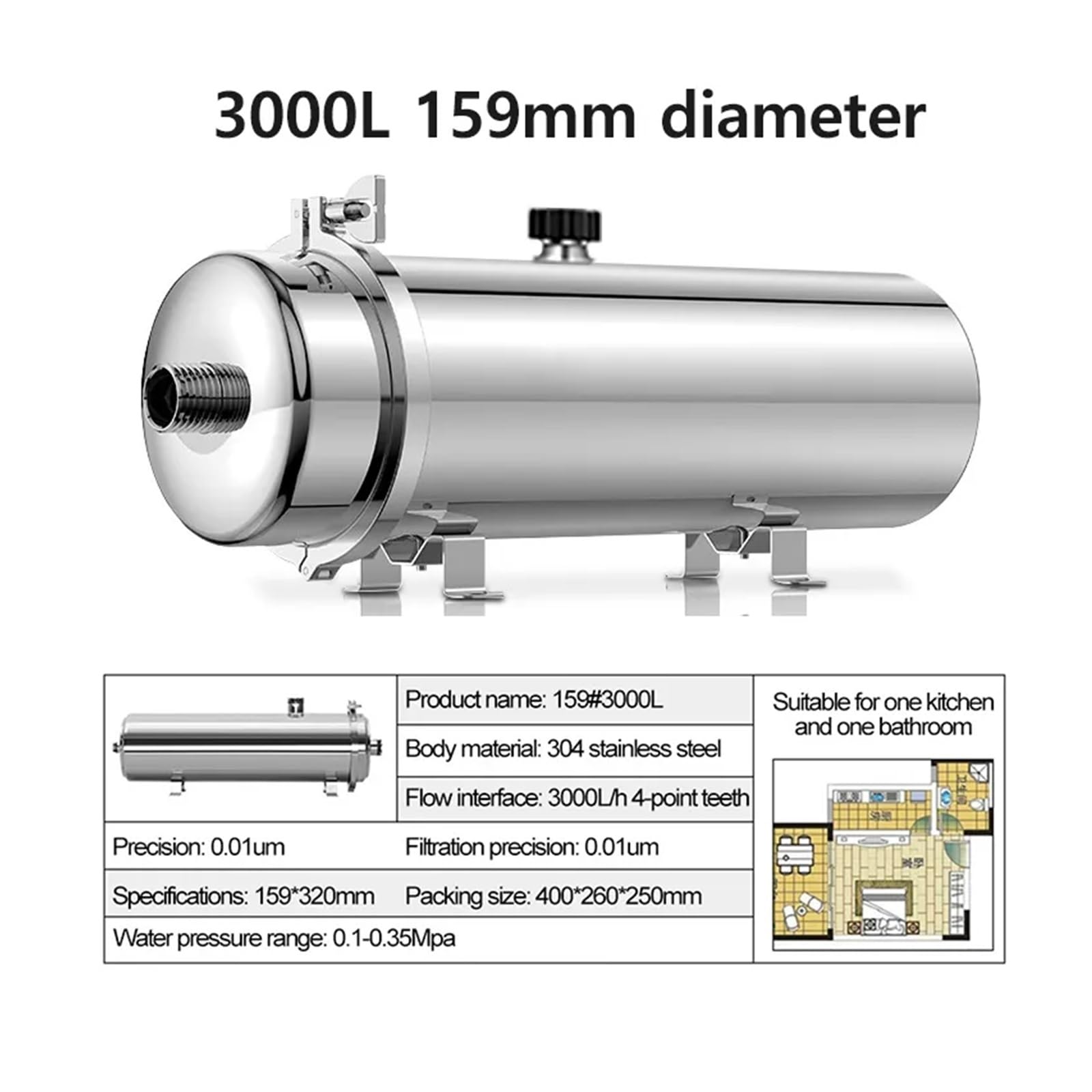 Komercyjny system filtrów wody 8000L/H 304 Oczyszczacz ultrafiltracyjny PVDF ze stali nierdzewnej, domowy napój kuchenny Proste filtry UF Filtracja pod zlewem i na blacie(3000L)