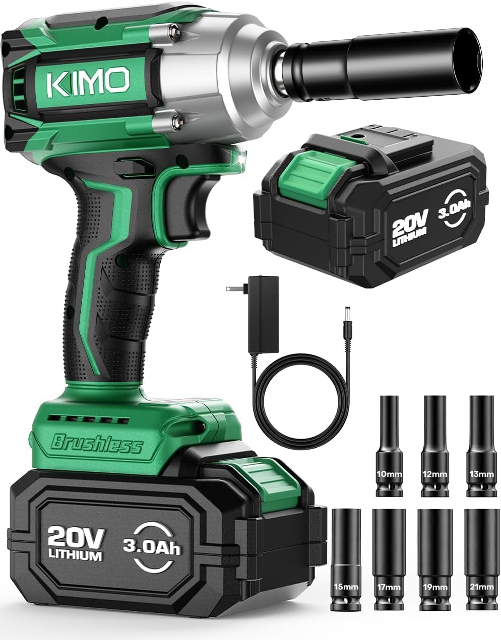 KIMO Cordless Impact Wrench, 3000 RPM & Max Torque 350 ft-lbs (475N.m), 1/2 Impact Gun with 3.0Ah Li-ion Battery, 7 Drive Impact Sockets, 3 Inch Extension Bar, 1 Hour Fast Charger,1/2 Impact Driver