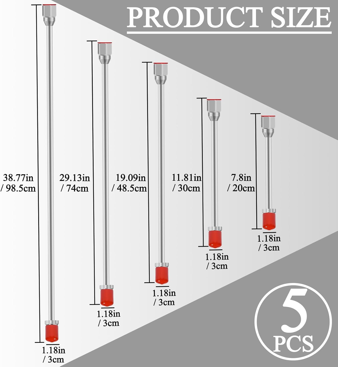 5 Pack Airless Paint Sprayer Tip Extension Pole Multi-Sizes Extension Rod,Airless Painting Spray Gun Tip Extension Pole Rod with Red Guard (7.8in+11.81in+19.09in+29.13in+38.77in)